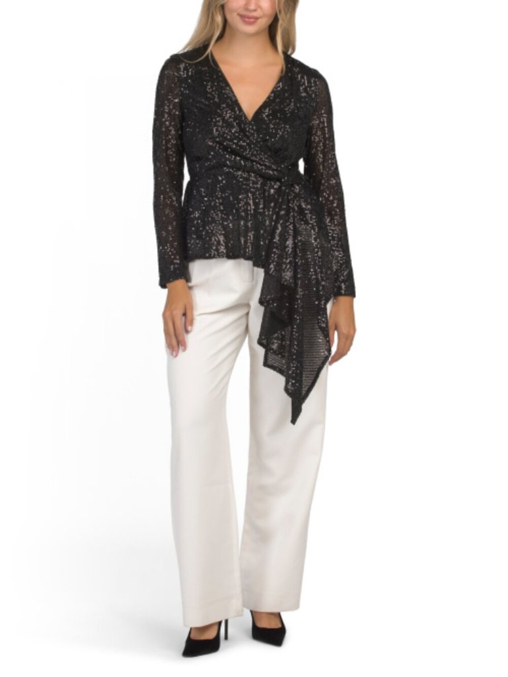 MUSE Long Sleeve Faux Wrap Asymmetrical Sequin Top